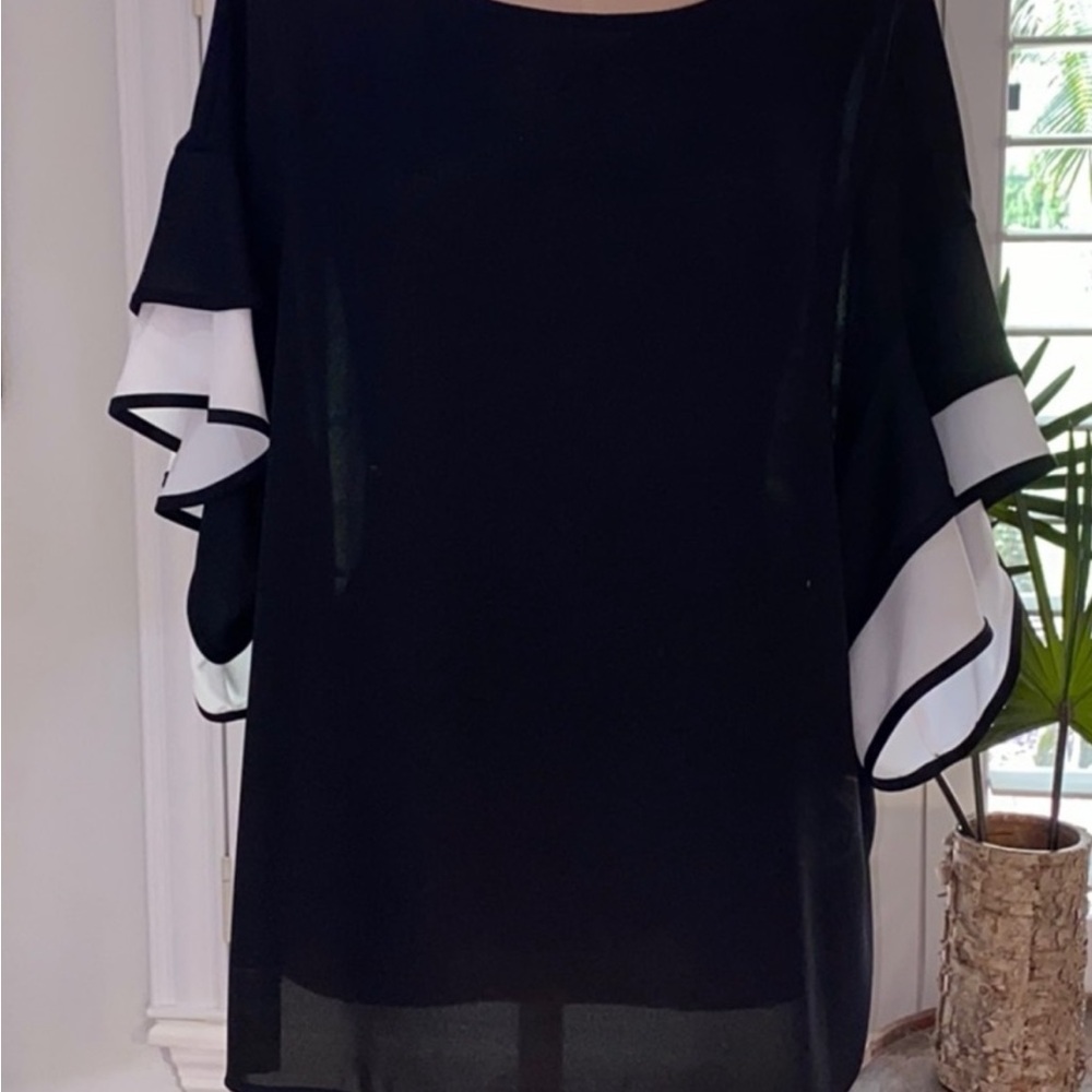 Joseph Ribkoff Black and White flutter sleeve top sz 12 - Picture 5 of 6